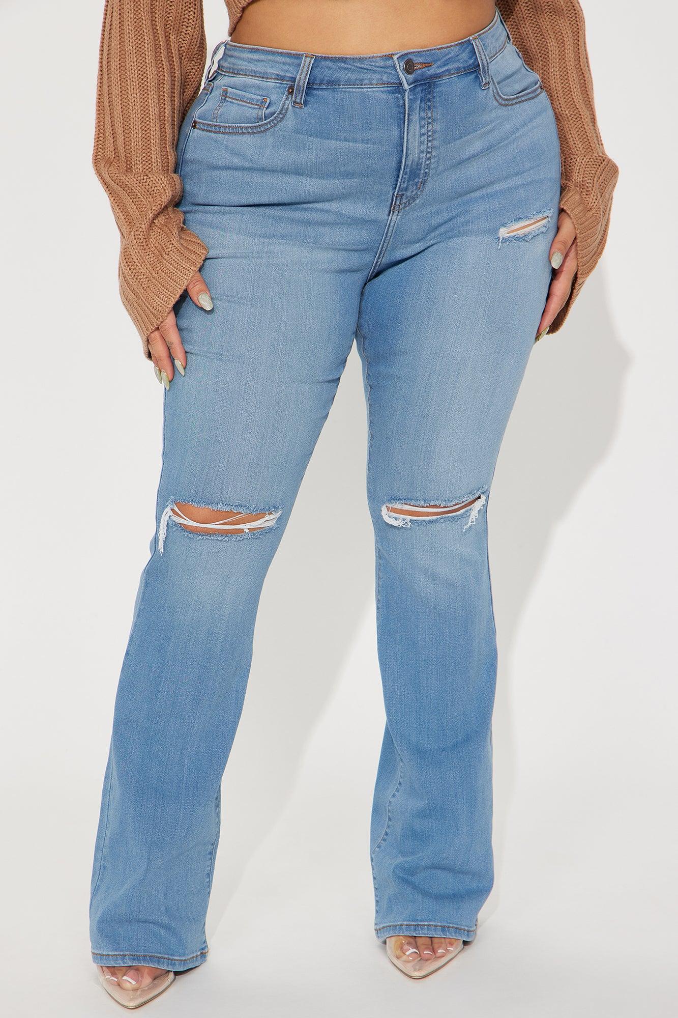 Luxurious Distressed Super Stretch Flare Jeans - Medium Blue Wash Product Image