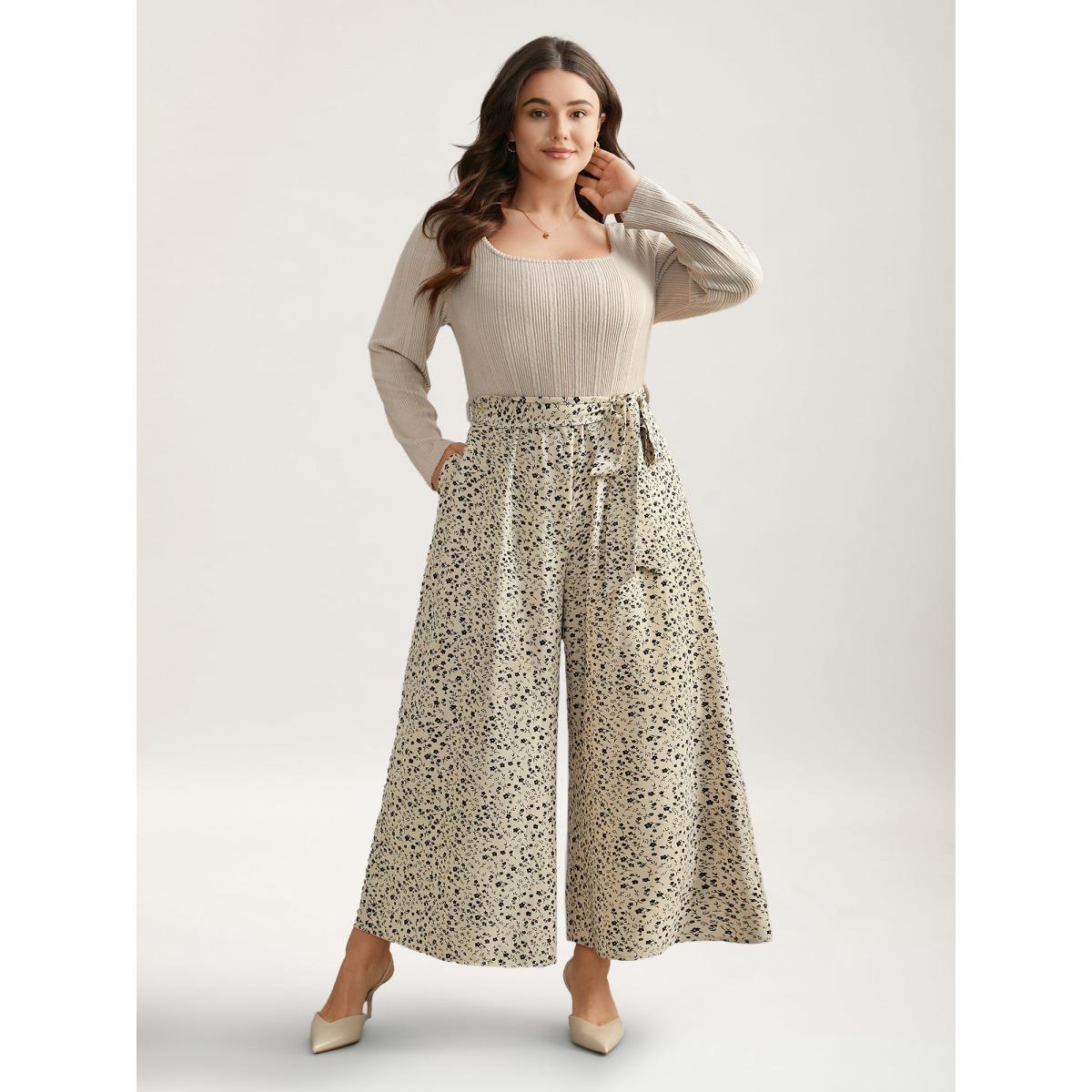 Plus Size Apricot Textured Square Neck Belted Floral Jumpsuit Women Elegant Long Sleeve Square Neck Everyday Loose Jumpsuits BloomChic 14-16/1X Product Image