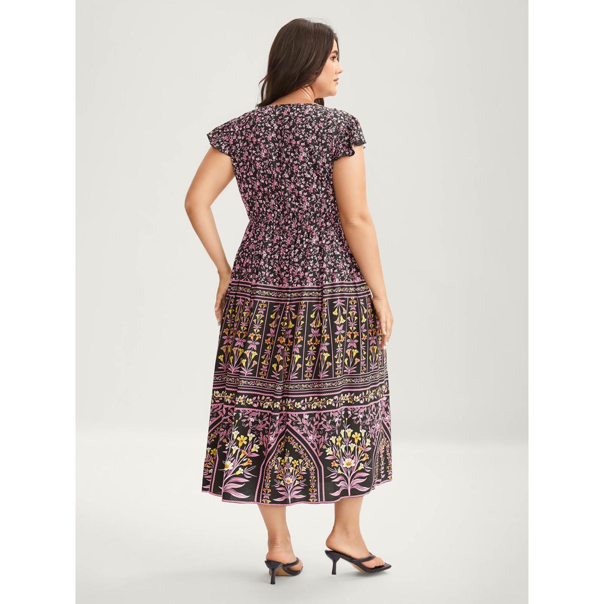 Plus Size Rayon Garden Fresh Ruffled Sleeve Midi Dress Peach Women Resort Heart neckline Cap Sleeve Curvy BloomChic 10/M Product Image