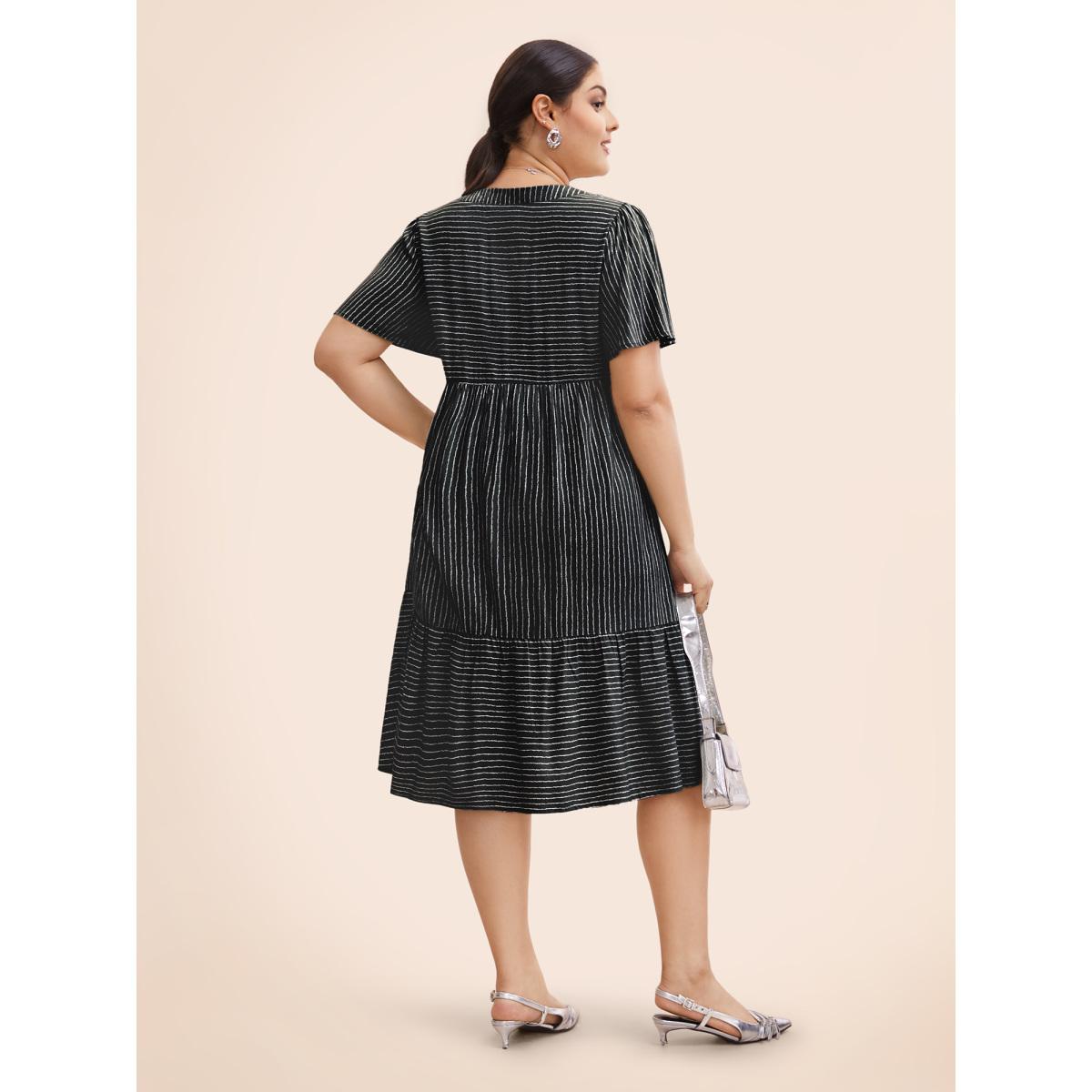 Plus Size Striped Patchwork Notched Flutter Layered Babydoll Dress Black Women Office Gathered Notched collar Short sleeve Curvy Midi Dress BloomChic 28/5X Product Image