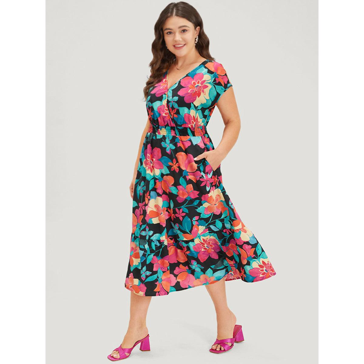 Plus Size Floral Shirred Overlap Collar Batwing Sleeve Dress Black Women Elegant Wrap V-neck Cap Sleeve Curvy Midi Dress BloomChic 14-16/1X Product Image