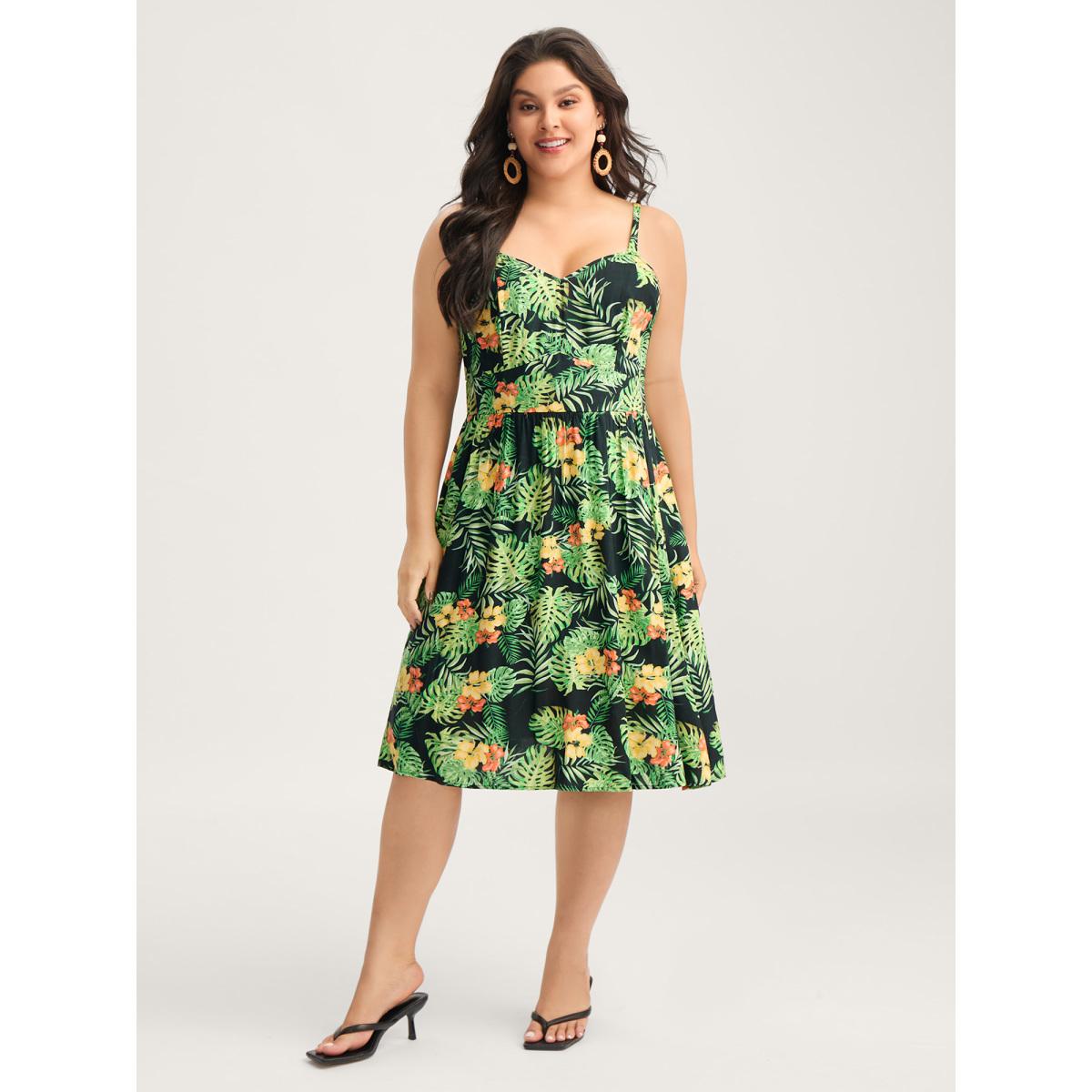 Plus Size Breezy Tropics Shirred Waist Midi Dress Multicolor Women V-neck Sleeveless Curvy BloomChic 26/4X Product Image