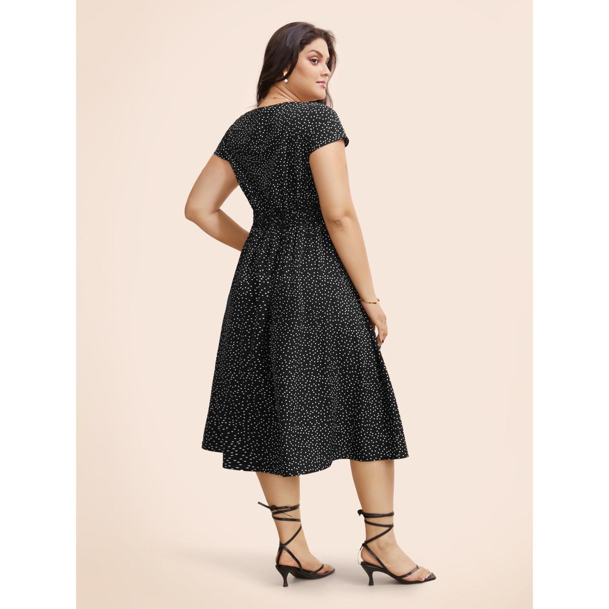 Plus Size Square Neck Polka Dot Shirred Midi Dress Black Women Elegant Shirred Square Neck Cap Sleeve Curvy BloomChic 30/6X Product Image