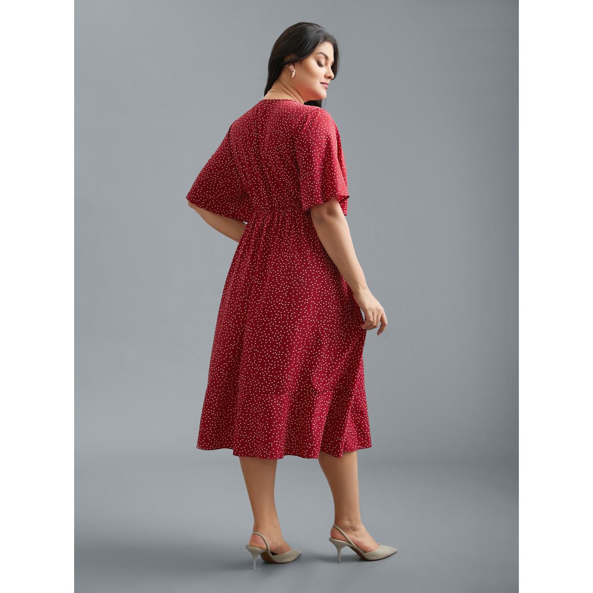 Plus Size V Neck Polka Dot Ruffle Trim Dress Scarlet Women Elegant Overlapping V-neck Half Sleeve Curvy BloomChic 28/5X Product Image