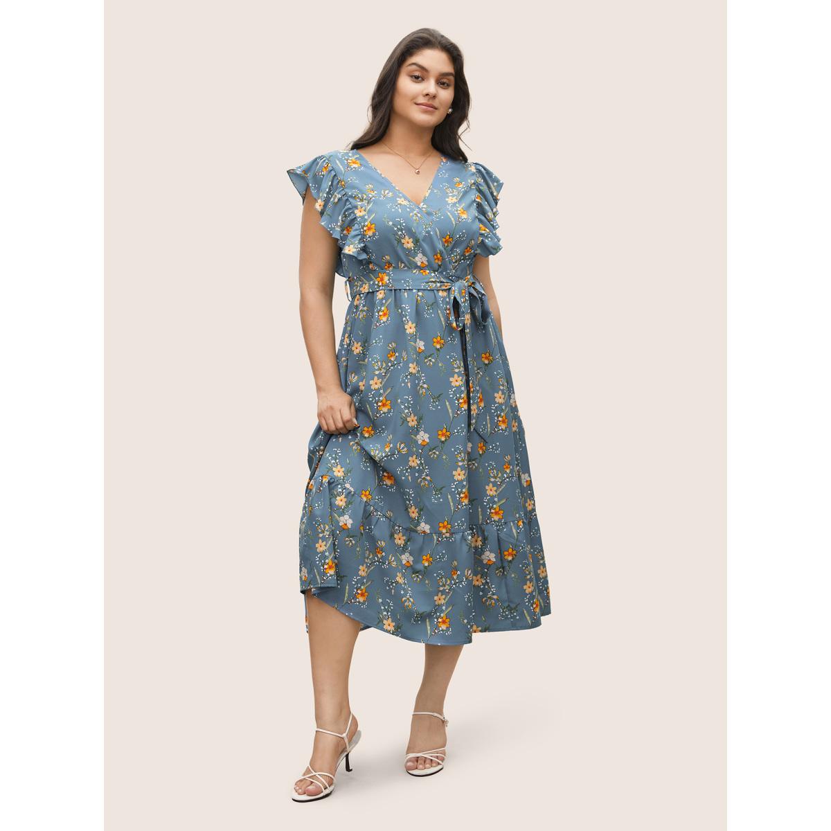 Plus Size Ditsy Floral Flutter Trim Pocket Layered Hem Dress Stone Women Elegant Non Overlap Collar Cap Sleeve Curvy Midi Dress BloomChic 18-20/2X Product Image