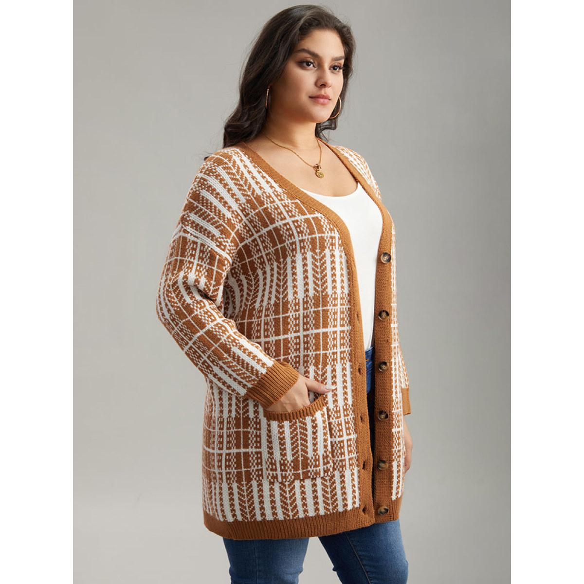 Plus Size Boho Print Contrast Pocket Open Front Cardigan Chocolate Women Casual Loose Long Sleeve Dailywear Cardigans BloomChic 30/6X Product Image