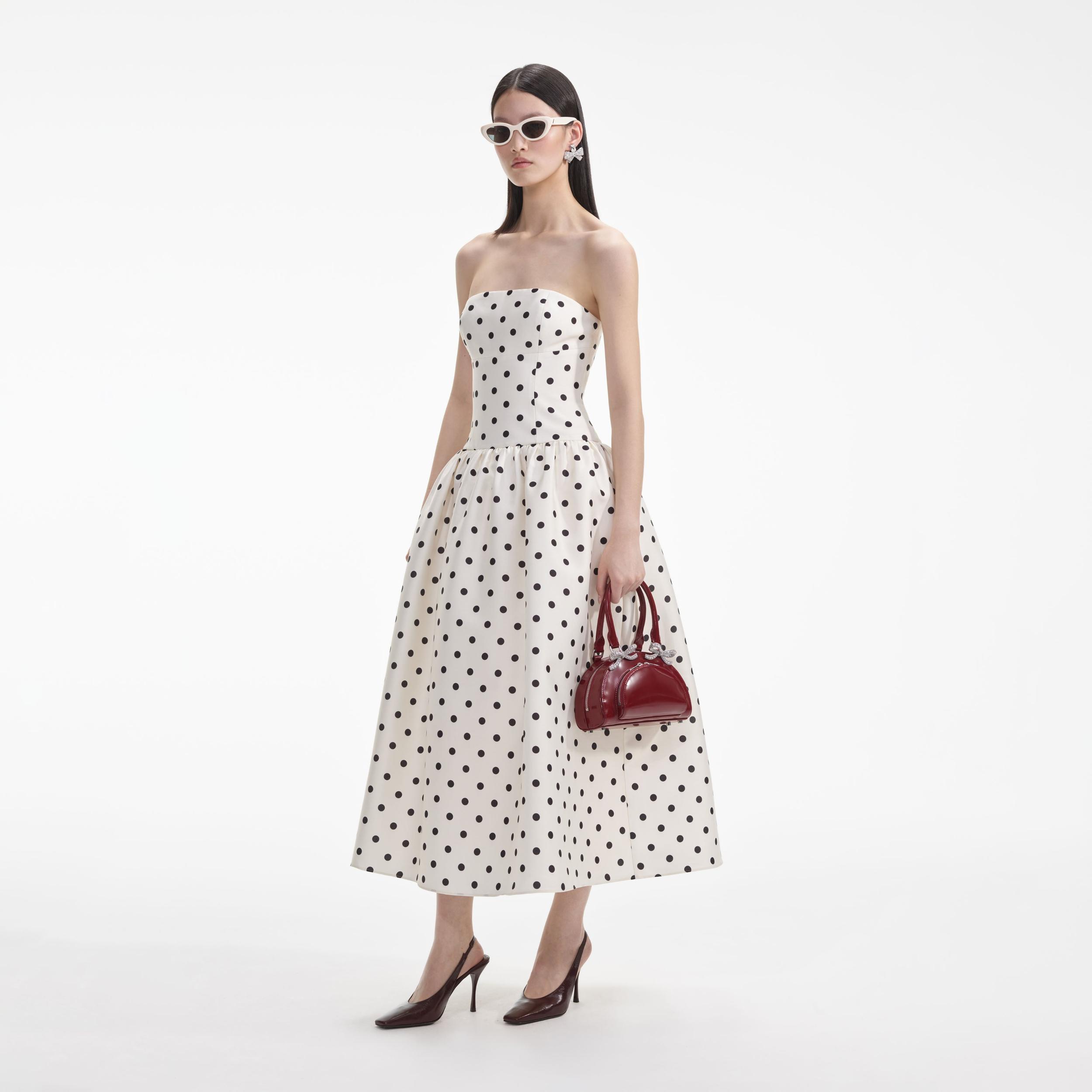 Cream Polka Dot Taffeta Midi Dress Product Image