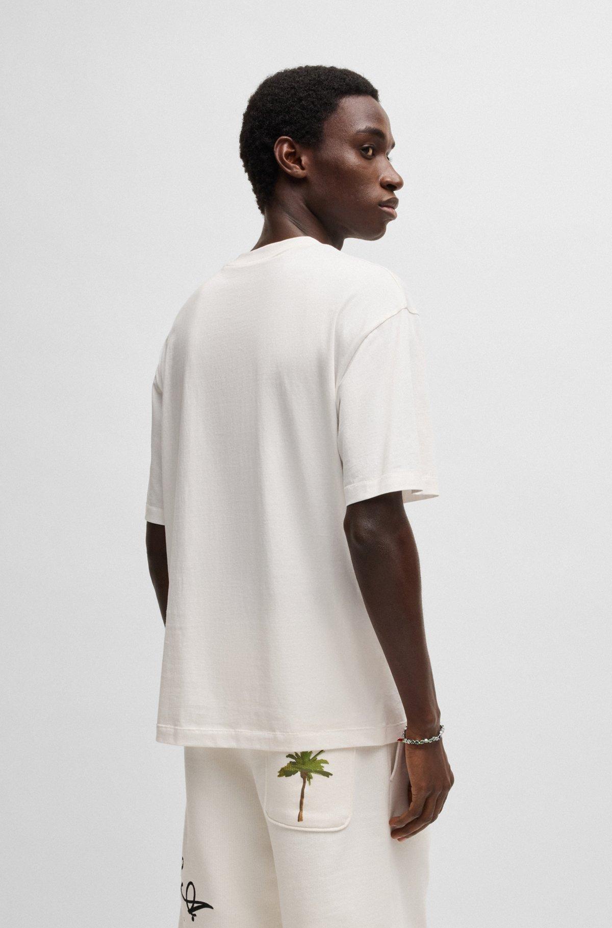 HUGO - Cotton-jersey T-shirt with palm-tree print - White Product Image