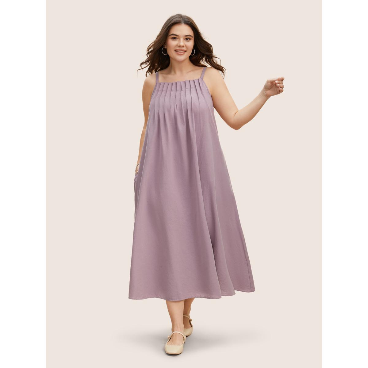 Plus Size Cotton Plain Pleated Loose Fit Cami Dress Heather Women Leisure Ruffles Non Sleeveless Curvy BloomChic 12/L Product Image