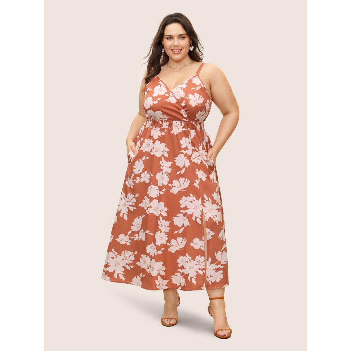 Plus Size Floral Print Wrap Shirred Split Front Dress OrangeRed Women Elegant Shirred V-neck Sleeveless Curvy Midi Dress BloomChic 30/6X Product Image