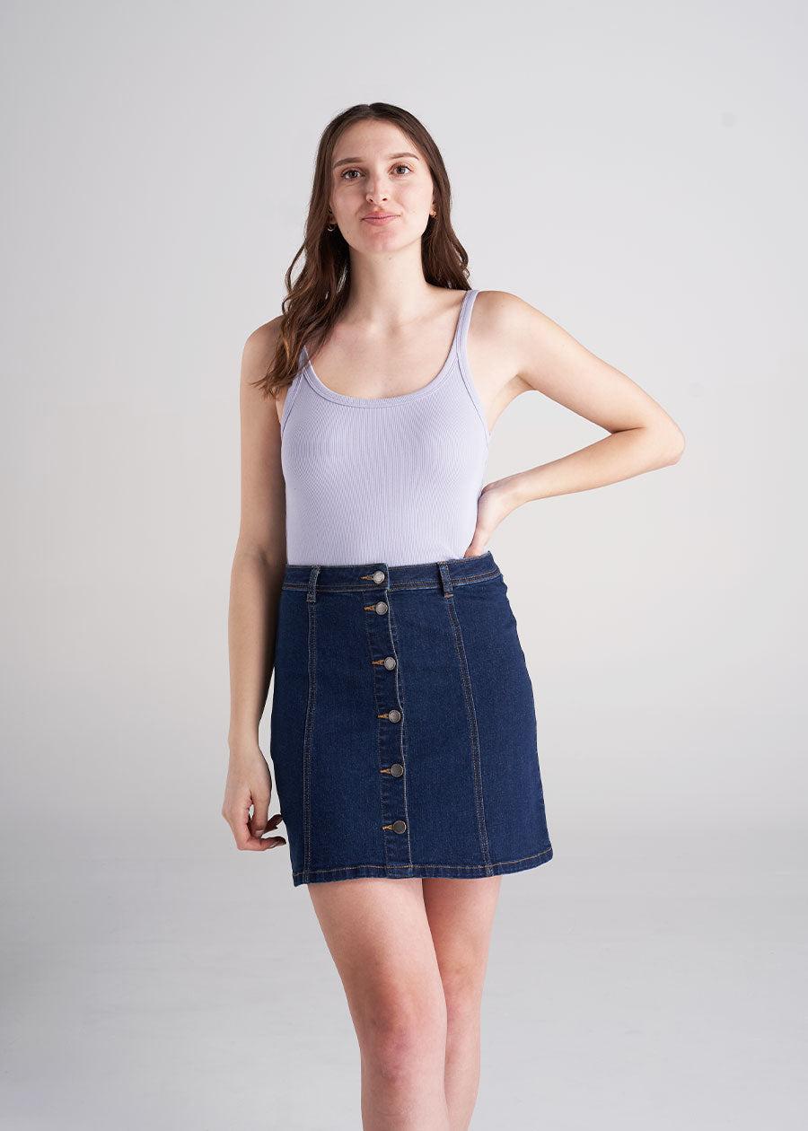 Women's Tall Button Up Denim Skirt in Washed Indigo Blue Female Product Image