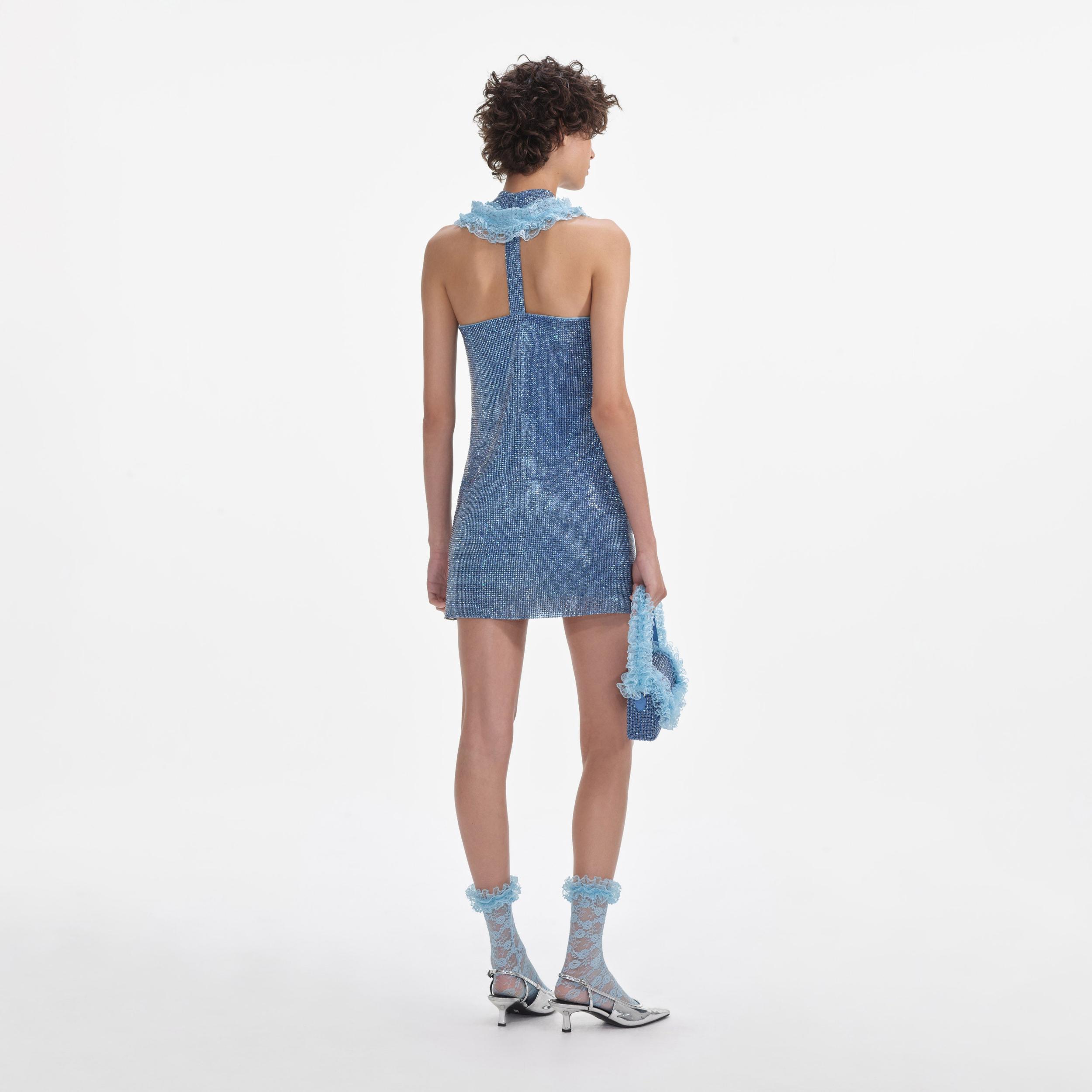 Blue Crystal Chainmail Zip Mini Dress Product Image