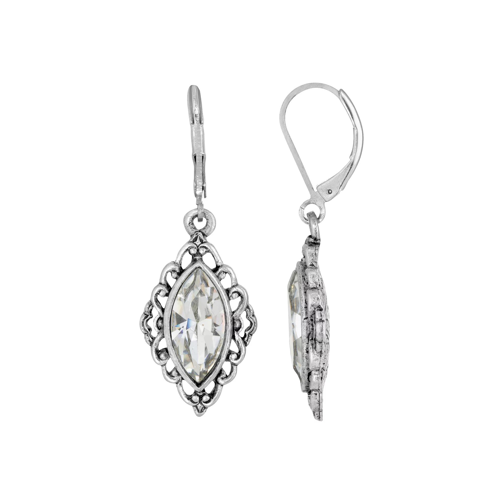 1928 Silver Tone Simulated Crystal Diamond-Shaped Filigree Drop Earrings, Womens, Clear Product Image