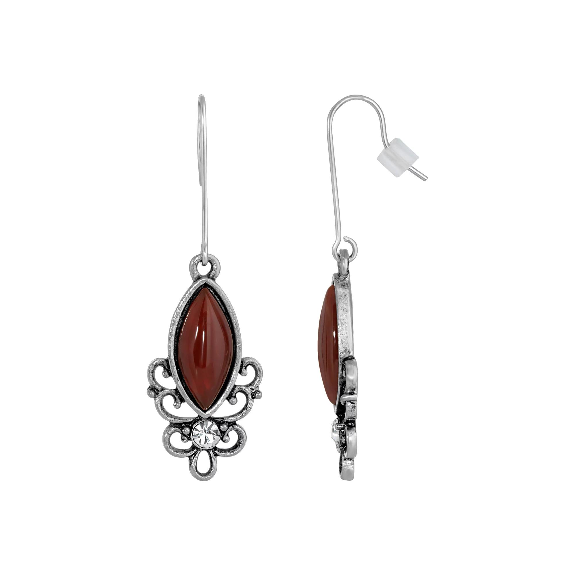 1928 Silver Tone Stone Filigree Drop Earrings, Women's, Red Product Image
