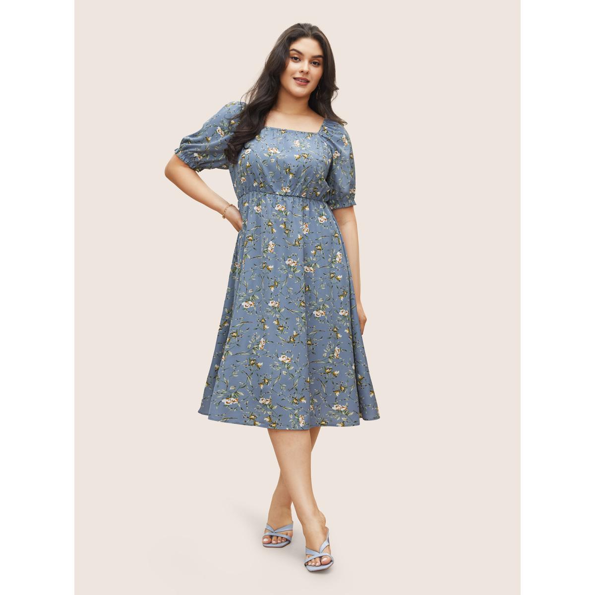 Plus Size Ditsy Floral Square Neck Elastic Waist Gathered Dress Stone Women Elegant Non Square Neck Short sleeve Curvy Midi Dress BloomChic 12/L Product Image