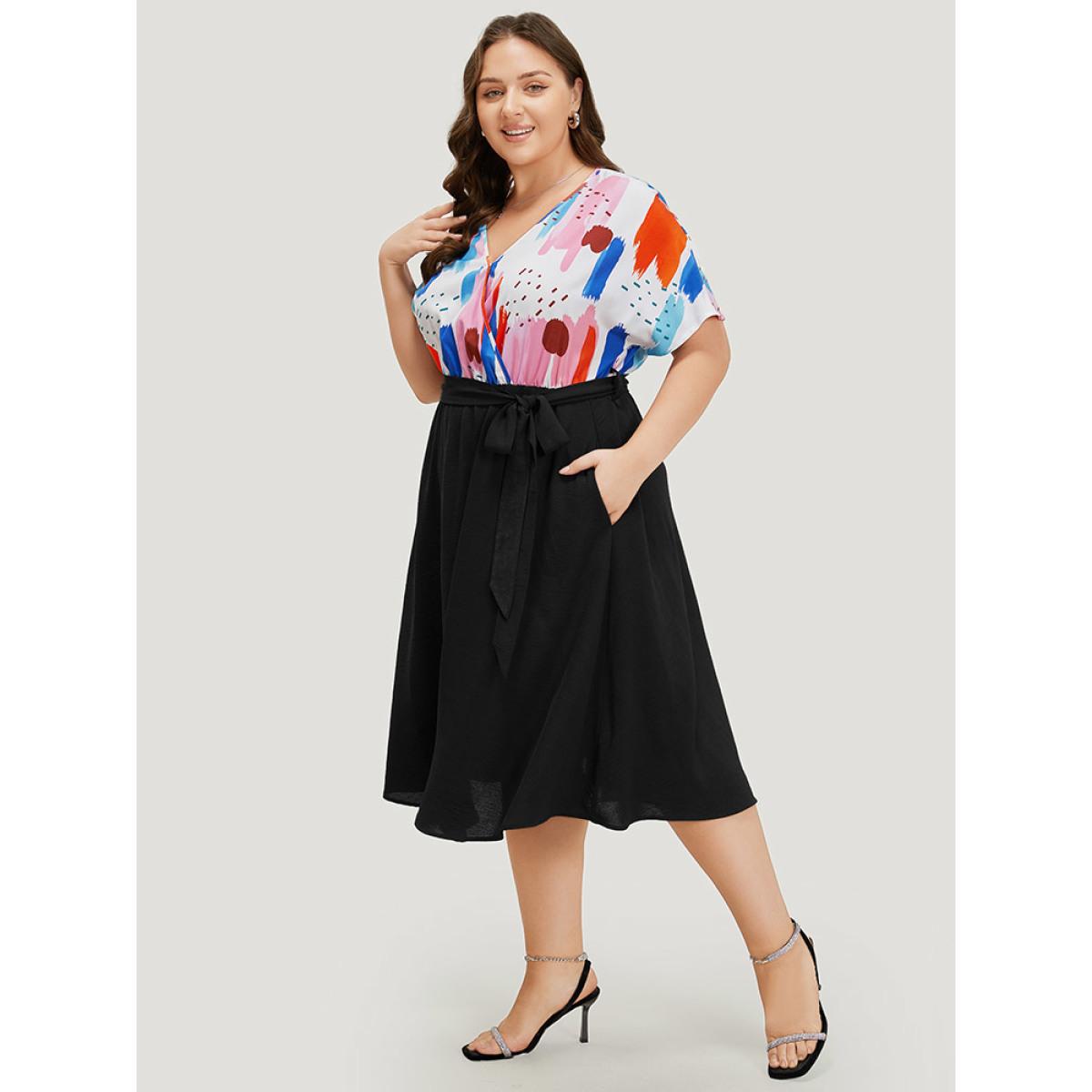 Plus Size Brush Print Surplice Neck Belted Patchwork Flutter Dress Black Women Office Wrap V-neck Short sleeve Curvy Midi Dress BloomChic 28/5X Product Image