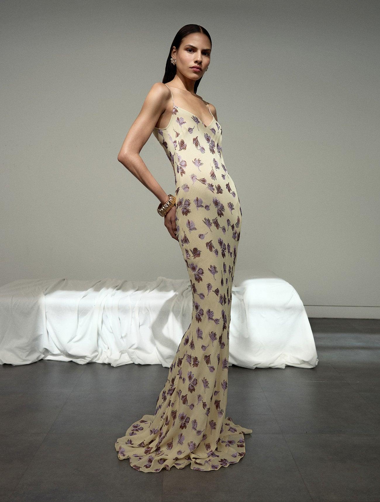 Yellow Floral Rhinestone Maxi Dress Product Image