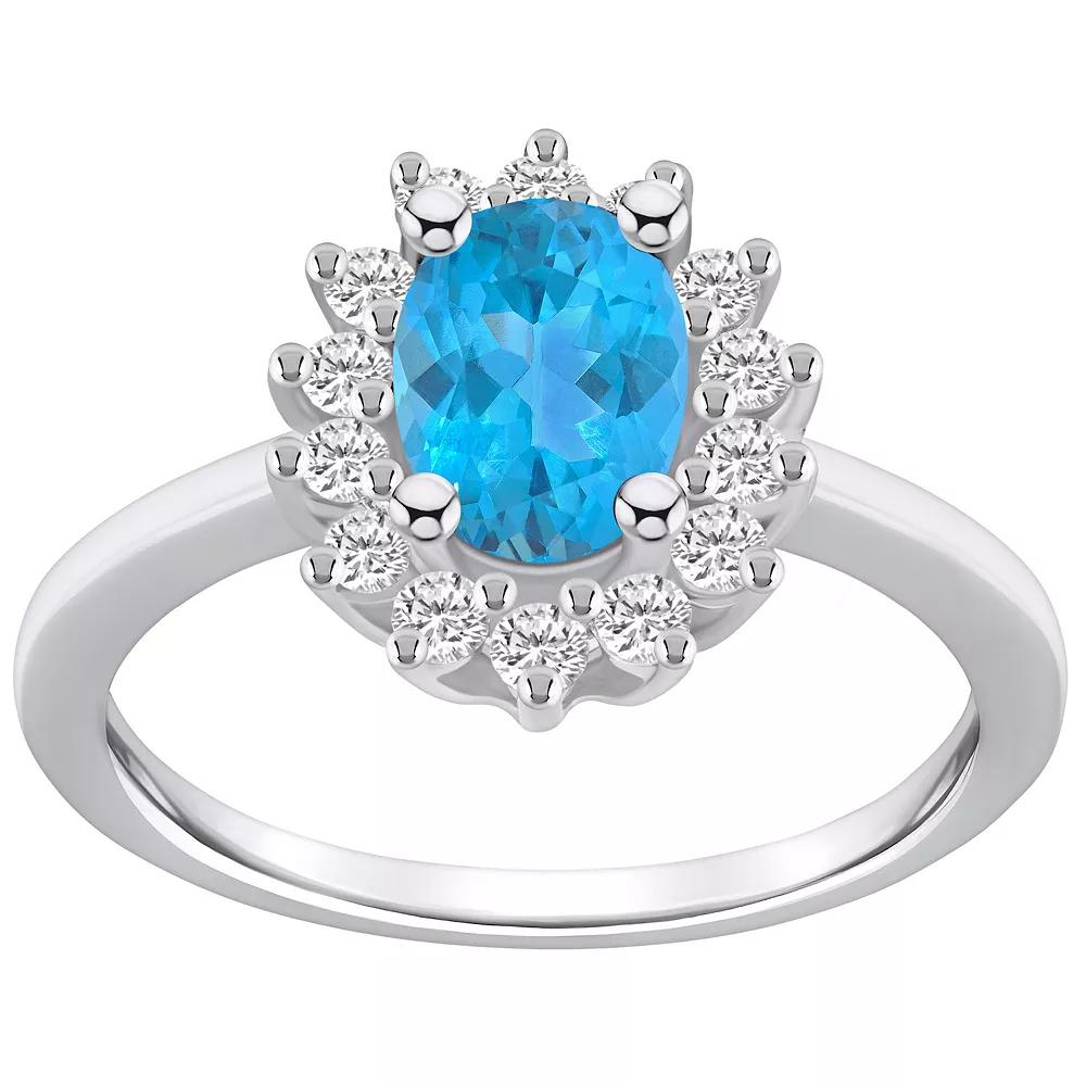 Alyson Layne 14k White Gold Oval Cut Blue Topaz & 1/3 Carat T.W. Diamond Halo Ring, Women's, Size: 6 Product Image