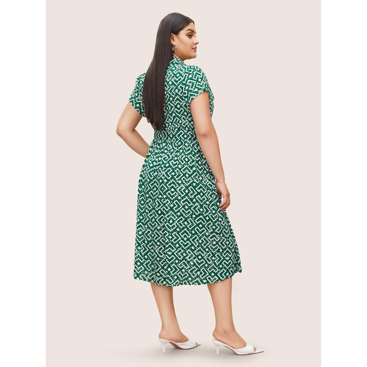 Plus Size Shirt Collar Geometric Button Up Belted Dress DarkGreen Women Work From Home Belted Shirt collar Cap Sleeve Curvy Midi Dress BloomChic 22-24/3X Product Image