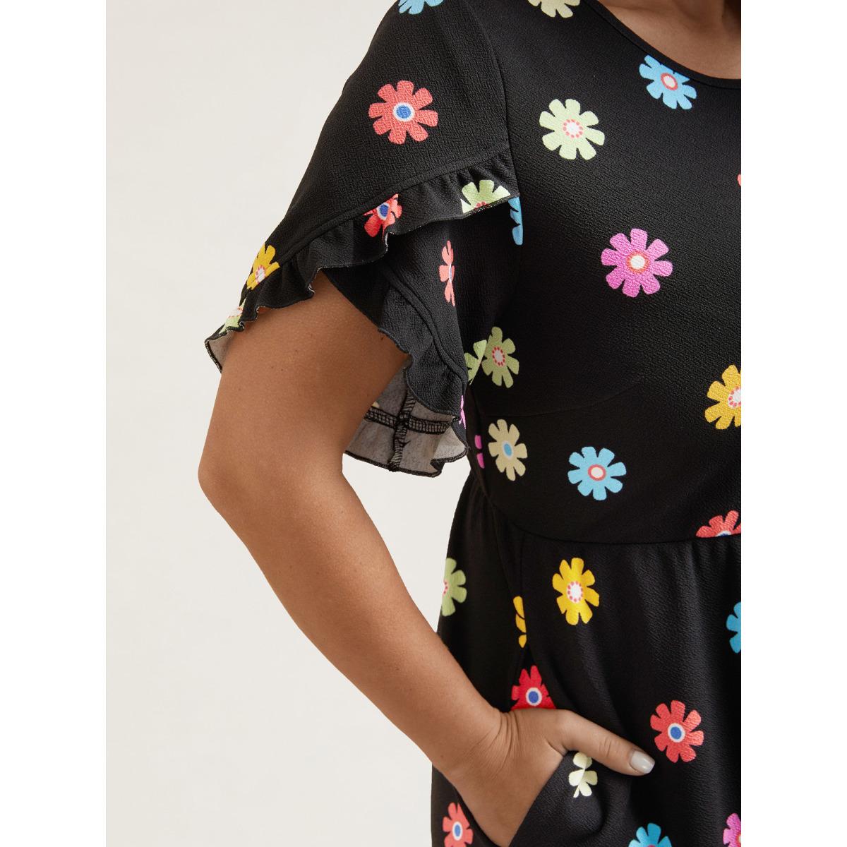 Plus Size Stretchy-Waist Floral Print Pockets Midi Dress Black Women Leisure Texture Knit Dresses Bloomchic 14-16/1X Product Image