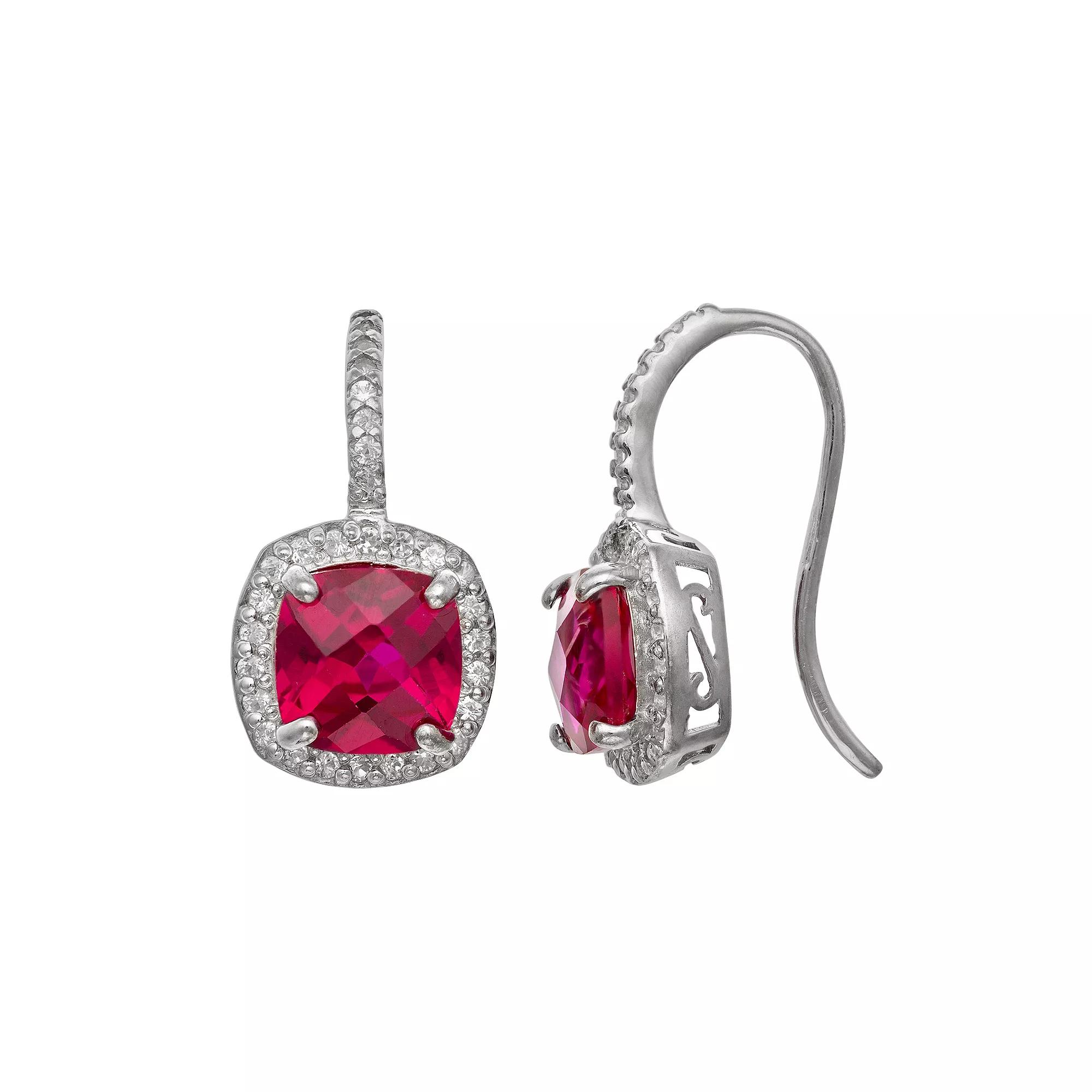 Designs by Gioelli Sterling Silver Lab-Created Ruby and Lab-Created White Sapphire Halo Drop Earrings, Women's, Multi Product Image
