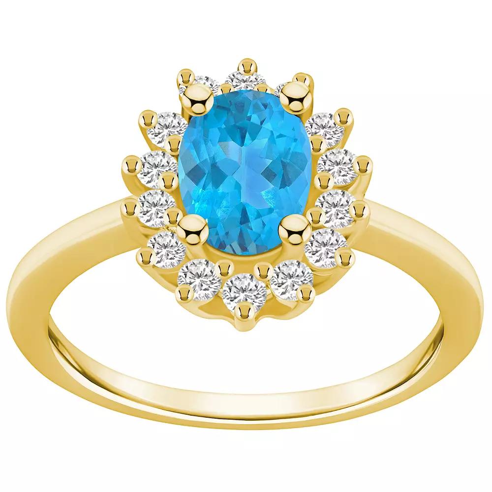 Alyson Layne 14k Gold Oval Cut Blue Topaz & 1/3 Carat T.W. Diamond Halo Ring, Women's, Size: 8 Product Image