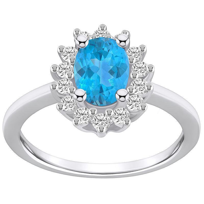 Alyson Layne 14k White Gold Oval Cut Blue Topaz & 1/3 Carat T.W. Diamond Halo Ring, Women's, Size: 6 Product Image