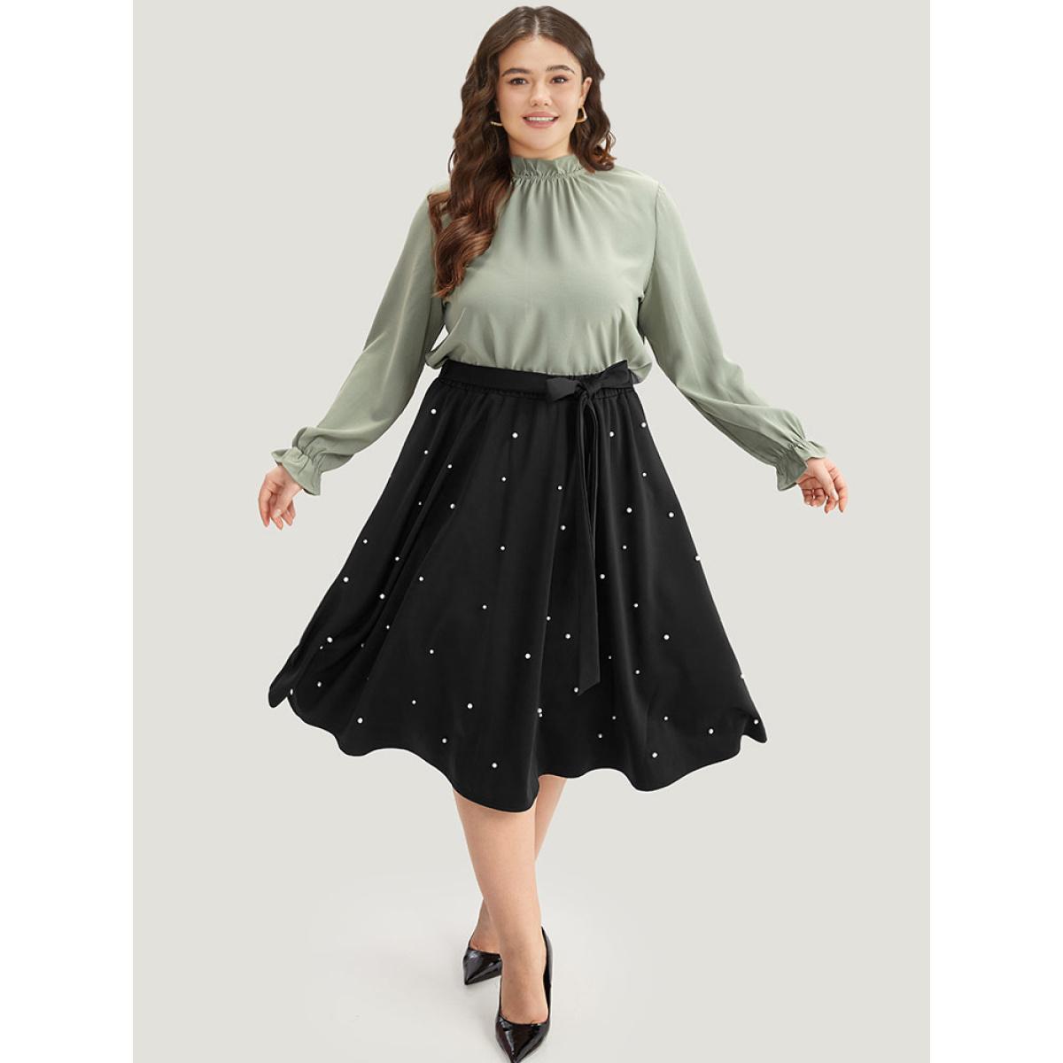 Plus Size Pearl Beaded Ties Cropped Skirt Women Black Elegant Beaded Low stretch Dailywear Skirts BloomChic 10/M Product Image