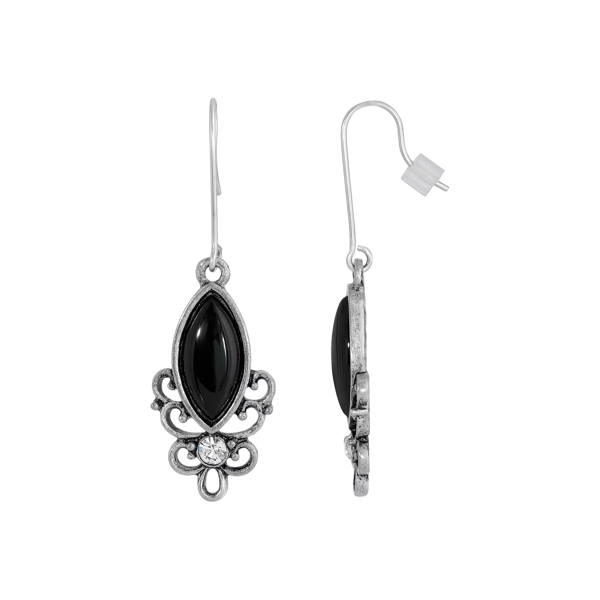 1928 Silver Tone Stone Filigree Drop Earrings, Womens, Black Product Image