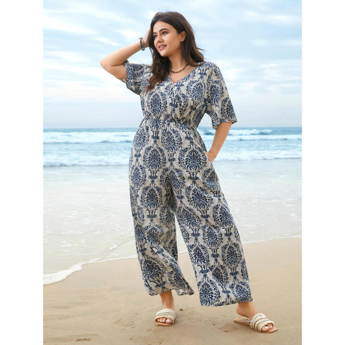 Plus Size Mediumblue Surplice Neck Ornate Print Ties Straight-Leg Jumpsuit Women Boho Half Sleeve Overlap Collar Vacation Loose Jumpsuits BloomChic 10/M Product Image