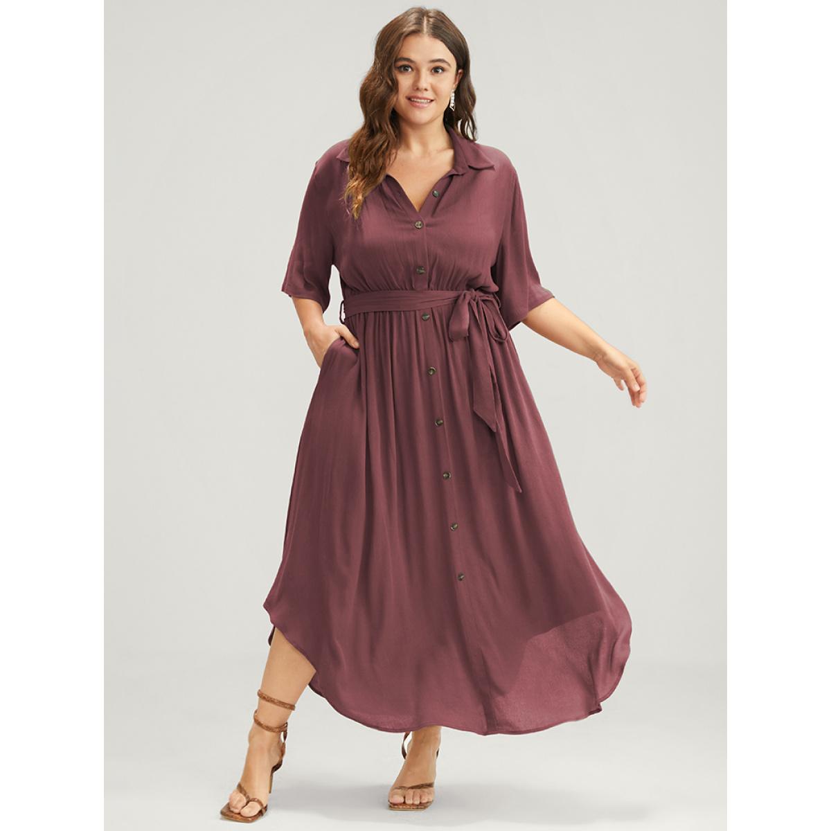 Belted Shirt Collar Button Plus Size Shirtdress Women Workleisure Plain Sleeve Short Sleeve Shirt Collar Pocket Workwear Long Dress BloomChic Product Image