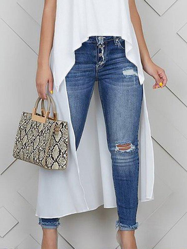 High-Low Loose Embroidered Solid Color Round-Neck Vest Top Product Image