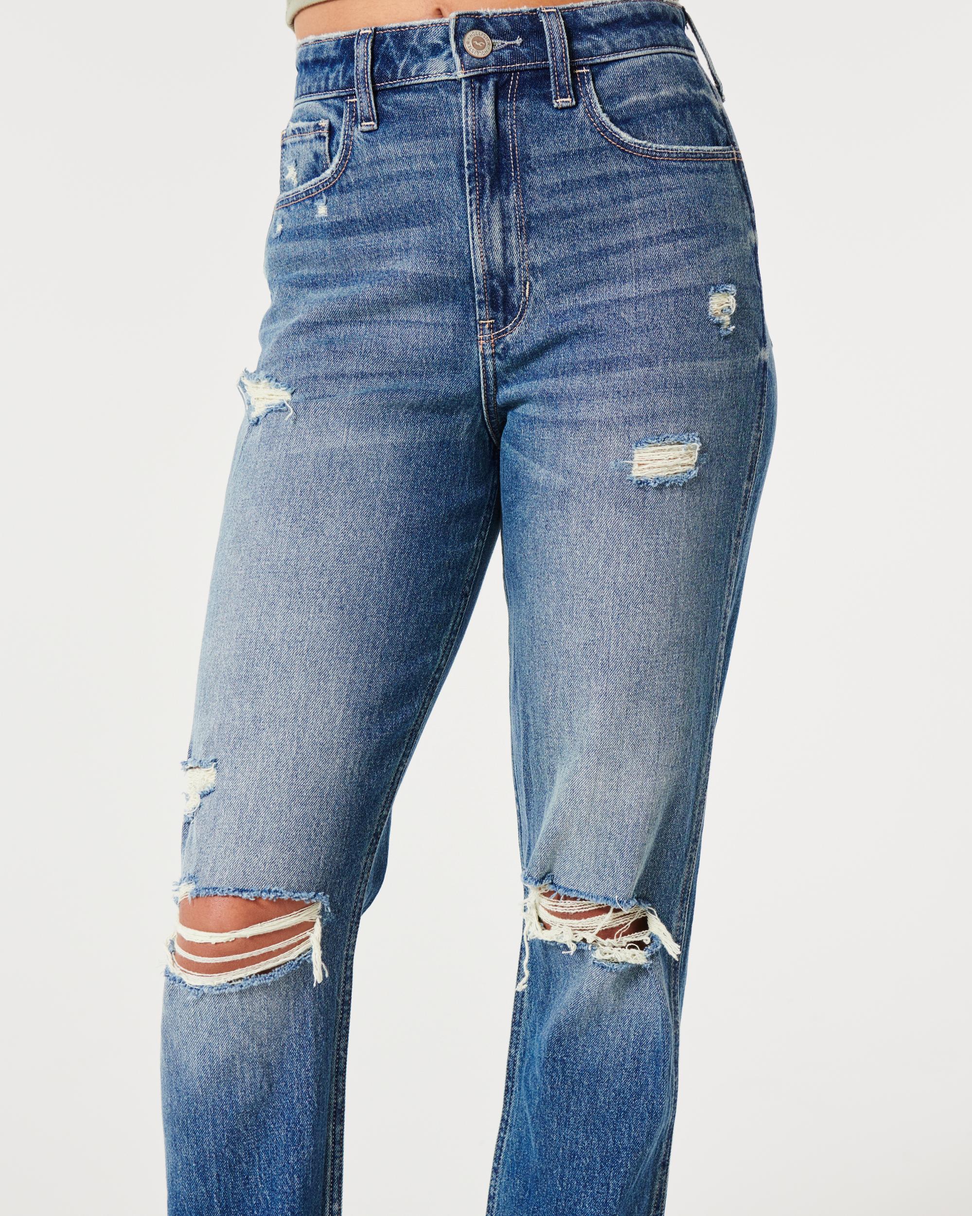 Ultra High-Rise Ripped Medium Wash Mom Jeans Product Image