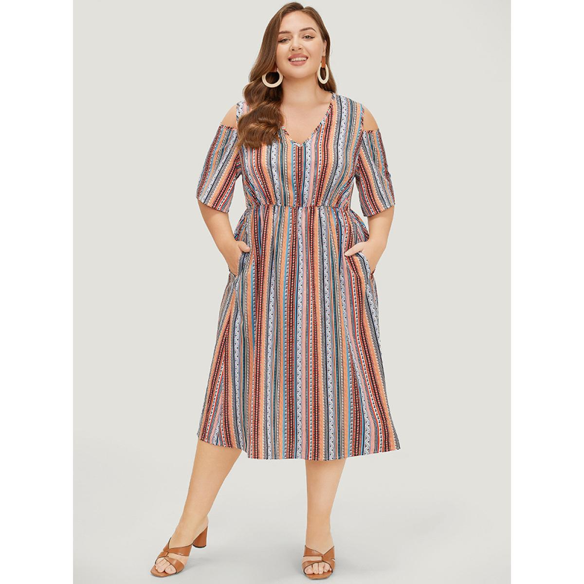 Plus Size Rainbow Striped Pocket Cold Shoulder Dress Multicolor Women Vacation V-neck Short sleeve Curvy Midi Dress BloomChic 14-16/1X Product Image