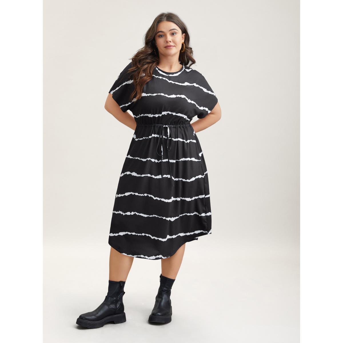 Plus Size Striped Waist-Tie Dolman Sleeve Midi Dress Black Women Casual Drawstring Knit Dresses Bloomchic 30/6X Product Image