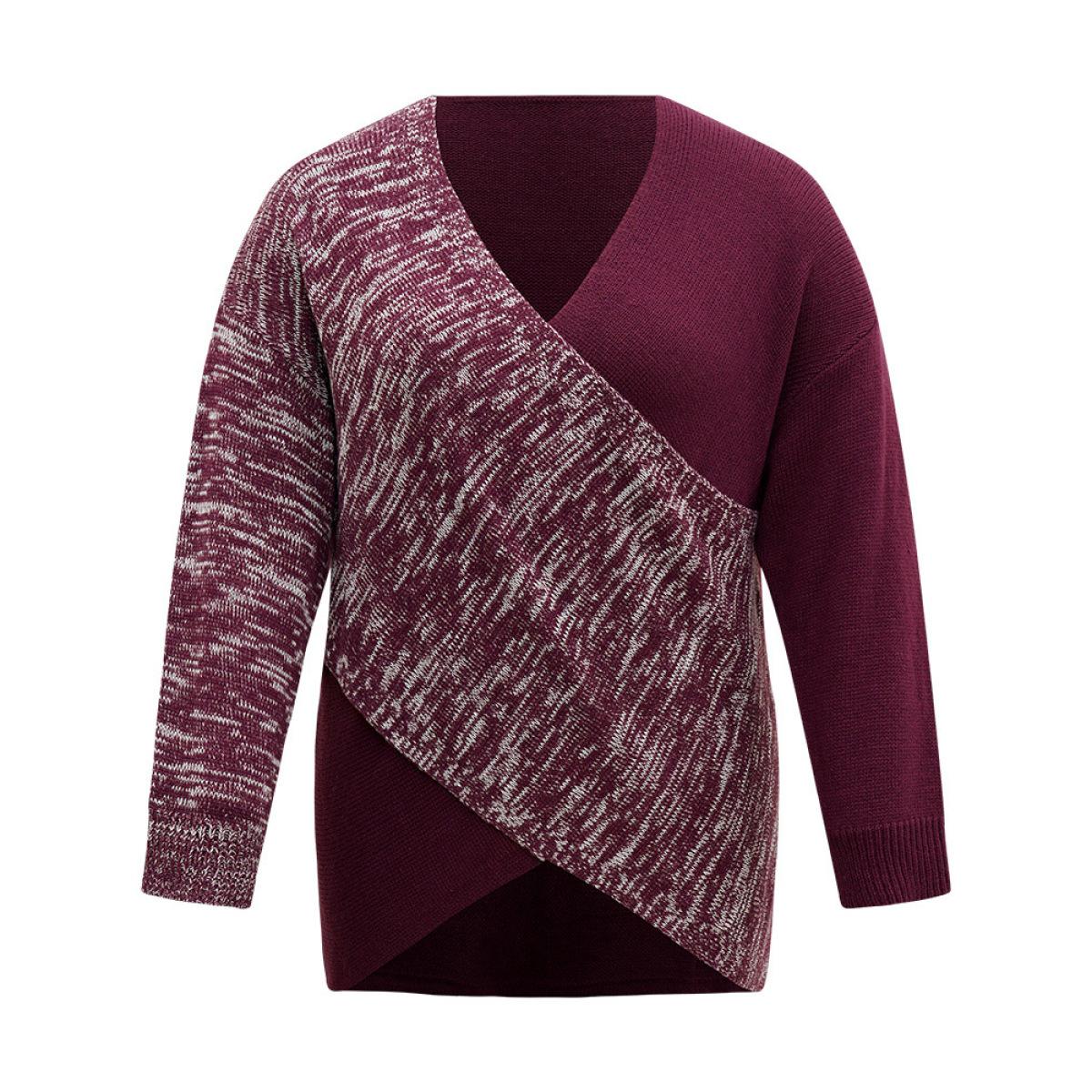 Plus Size Heather Contrast Crossover Patchwork Pullover Burgundy Women Casual Loose Long Sleeve V-neck Dailywear Pullovers BloomChic 14-16/1X Product Image