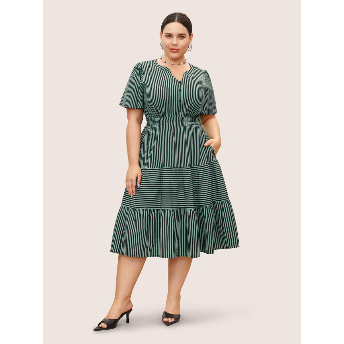 Plus Size Striped Button Detail Ruffle Layered Hem Dress Emerald Women At the Office Button Notched collar Short sleeve Curvy BloomChic 12/L Product Image