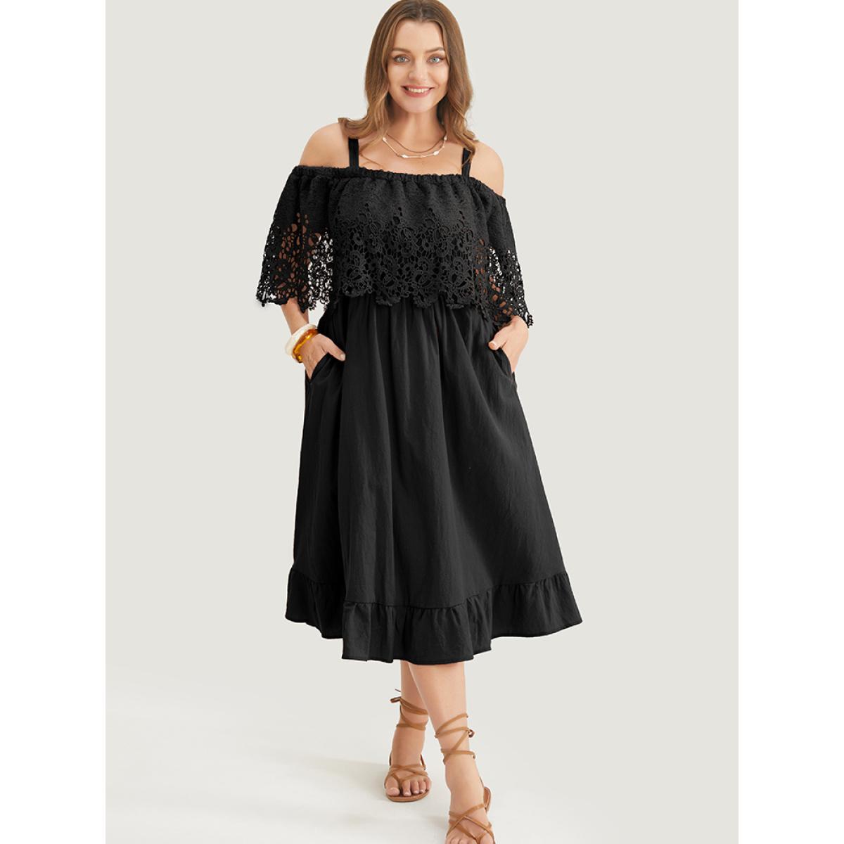 Plus Size Solid Cold Shoulder Contrast Lace Pocket Ruffle Hem Dress Black Women Resort Broderie anglaise Non Short sleeve Curvy Midi Dress BloomChic 26/4X Product Image