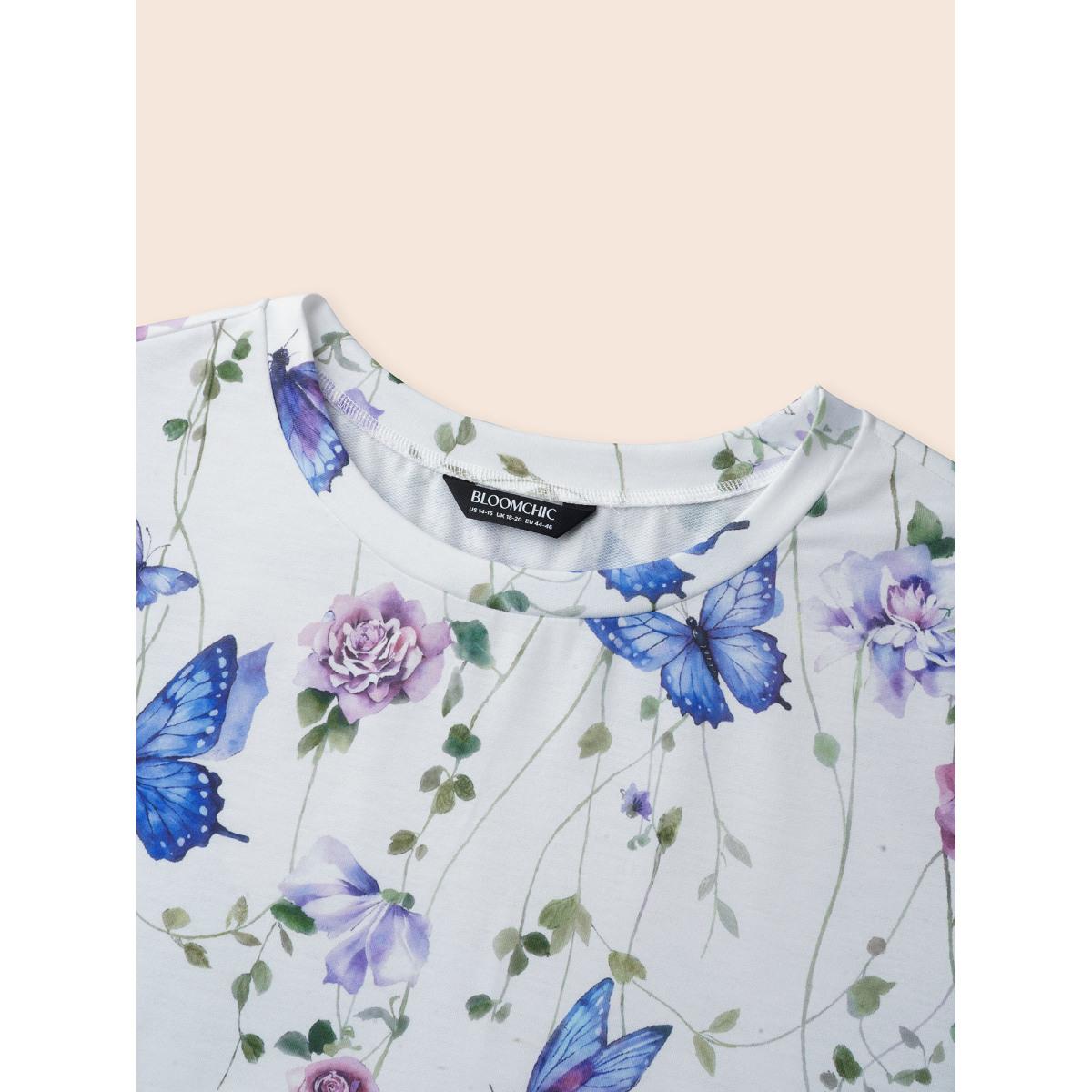 Plus Size Butterfly Print Stretchy Round Neck Sweatshirt Women WhiteSmoke Elegant Non Round Neck Everyday Sweatshirts BloomChic 10/M Product Image