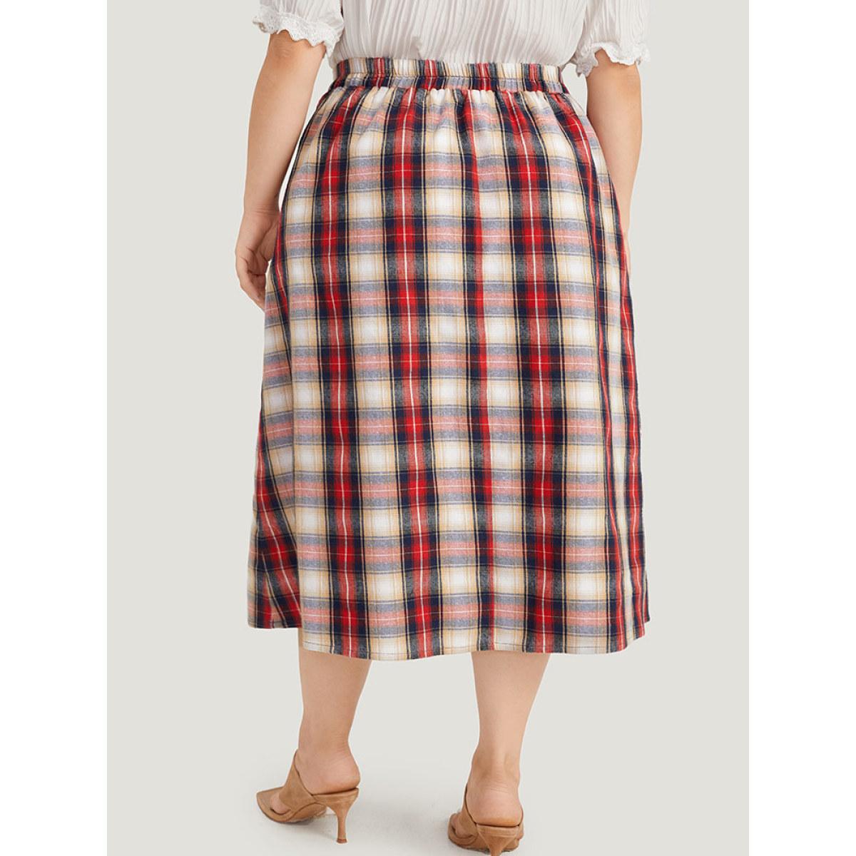 Plus Size Plaid Wideband Waist Pleated Button Detail Skirt Women Raspberry Office Button Loose No stretch Pocket Office Skirts BloomChic 28/5X Product Image