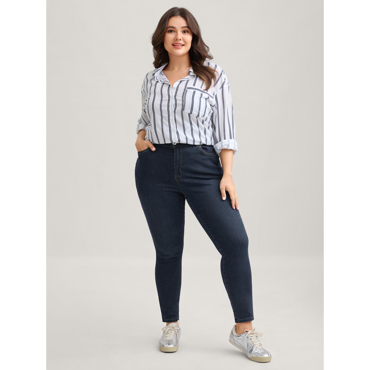 Plus Size Skinny Very Stretchy High Rise Dark Wash Gap Proof Jeans Women DarkBlue Leisure Plain Non High stretch Slanted pocket Jeans BloomChic 12/L Product Image