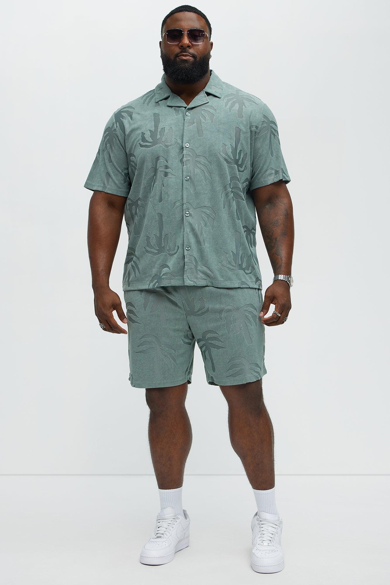 Tropical Trees Jacquard Cuban Button Down Shirts  - Sage Product Image