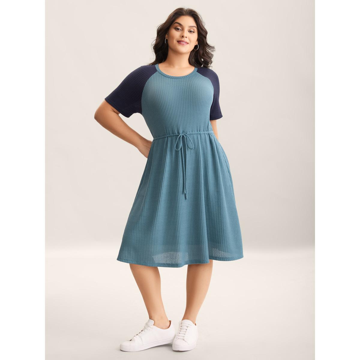 Plus Size Textured Adjustable Waist Tie Knit Midi Dress Stone Women Knit Dresses Bloomchic 12/L Product Image