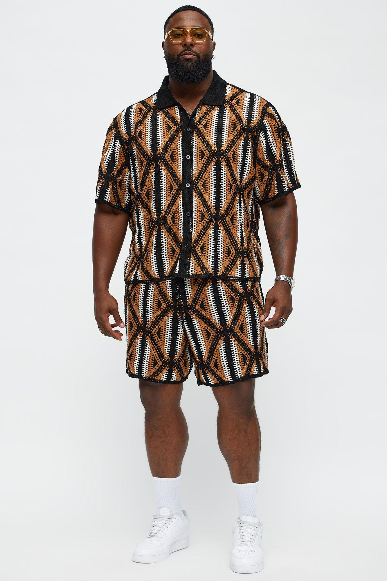 Cropped Relaxed Triangles Knit Closed Collar Shirt - Black/combo Product Image