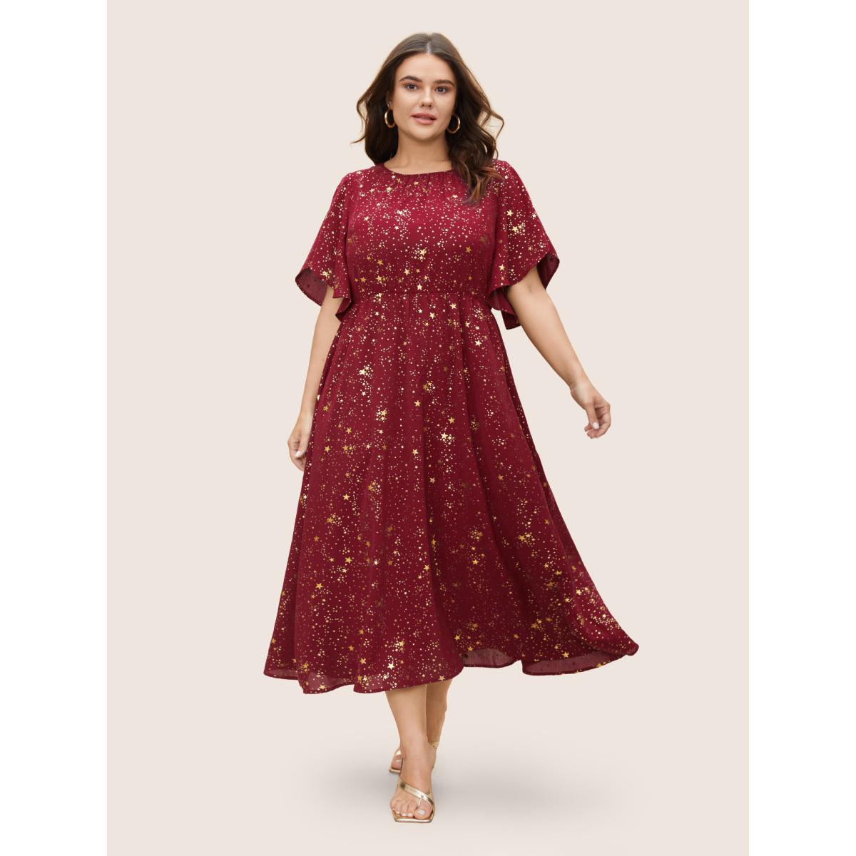 Plus Size Glitter Star Split Sleeve Midi Dress Cyan Women Elegant Gathered Round Neck Short sleeve Curvy BloomChic 22-24/3X Product Image