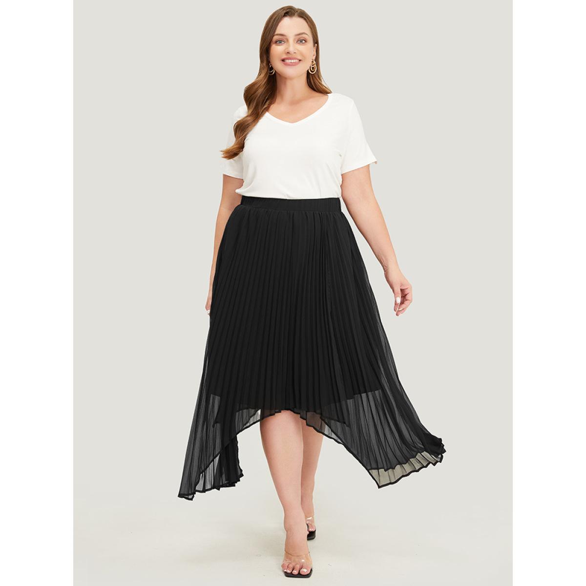 Plus Size Solid Mesh Pleated Detail Hanky Hem Skirt Women Black Elegant See through No stretch Dailywear Skirts BloomChic 18-20/2X Product Image