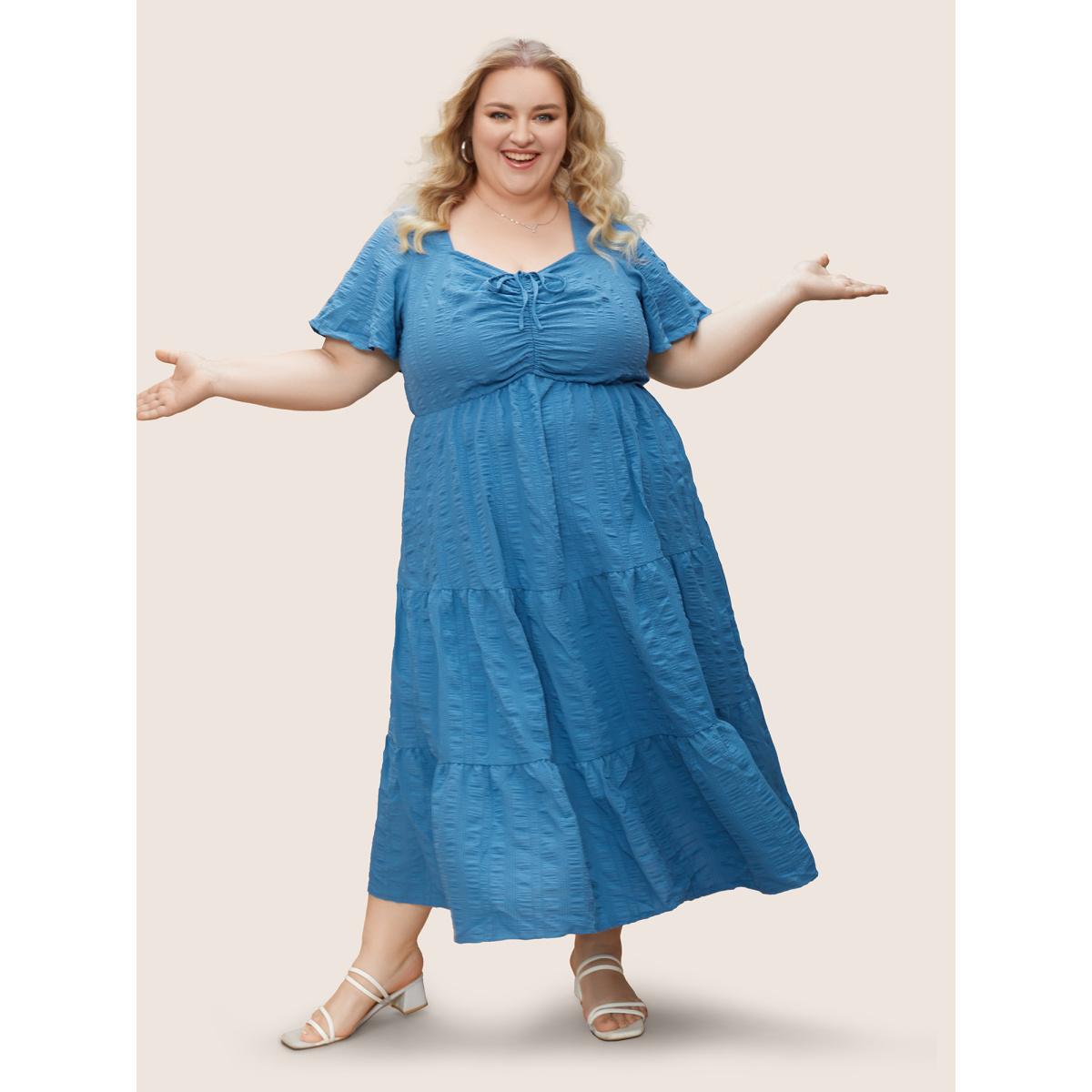 Plus Size Plain Ruched Drawstring Pocket Ruffle Tiered Dress Cerulean Women Timeless Non V-neck Short sleeve Curvy Midi Dress BloomChic 28/5X Product Image