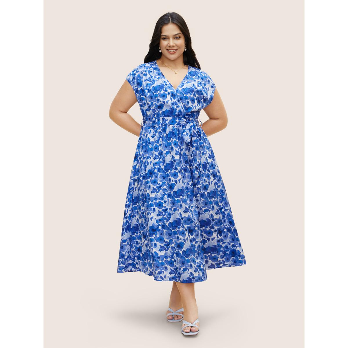 Plus Size Watercolor Floral Dolman Sleeve Maxi Dress Mediumblue Women Elegant Belted V-neck Sleeveless Curvy BloomChic 22-24/3X Product Image
