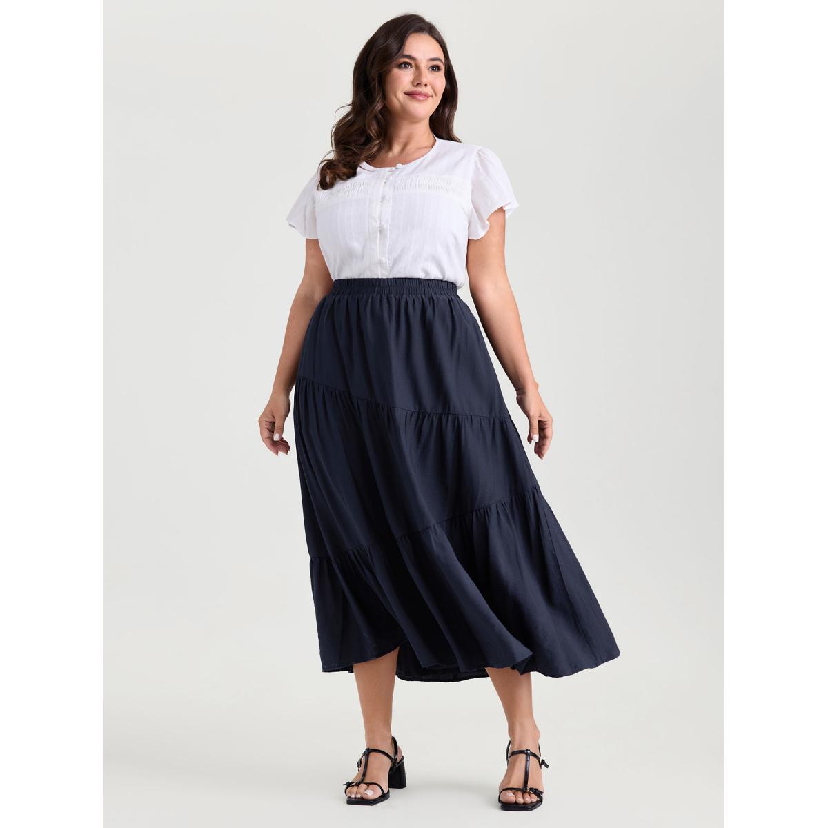 Plus Size Asymmetrical Tiered Slim-Fit Maxi Dress Women DarkBlue Timeless Gathered No stretch Side seam pocket Elegant Skirts BloomChic 26/4X Product Image
