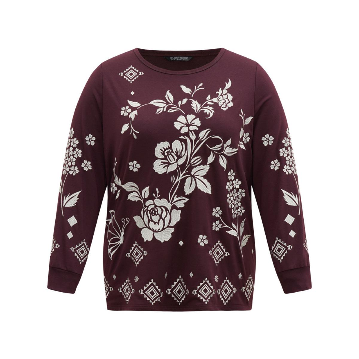Plus Size Boho & Floral Textured Embroidery Round Neck Sweatshirt Women Maroon Elegant Embroidered Round Neck Dailywear Sweatshirts BloomChic 14-16/1X Product Image